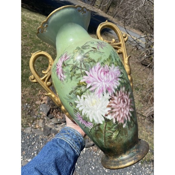 LARGE 15.5" Antique Continental Porcelain Hand Painted Gilt Handled Vase - Picture 9 of 16